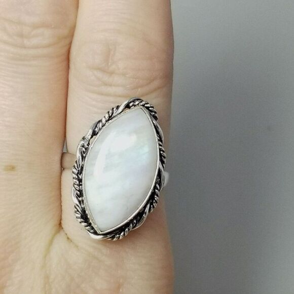 Vintage Marquise Shape White Cabochon Stone Bezel Set Silver Tone Ring, Size 6.5 - Picture 1 of 9